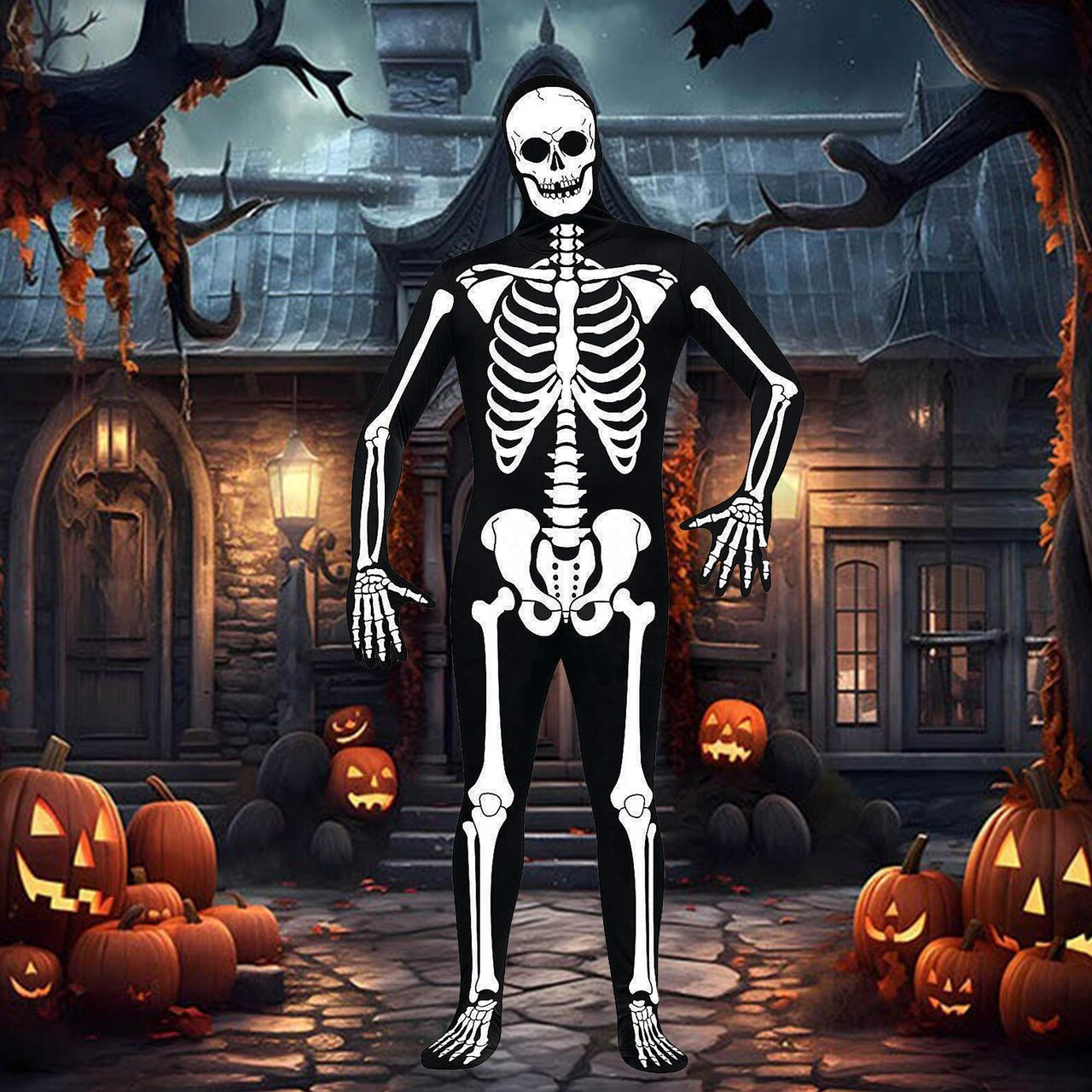 Boy's Skull N Bones Morphsuit Costume with Full Hooded Skeleton Print Design